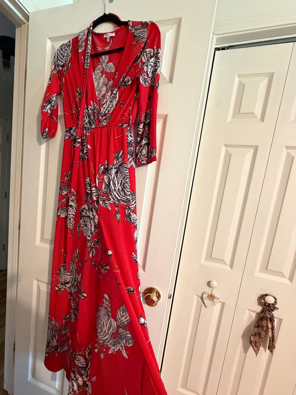 IRIS RED BLACK WHITE ROSES  Floral Wrap Maxi Dress HIGH SLIT - Women's